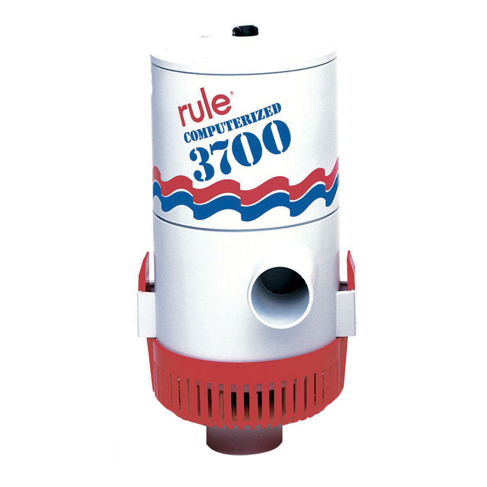 Rule 3700 automatic 12V bilge pump shown in black with mounting bracket, designed for boat bilge water removal.