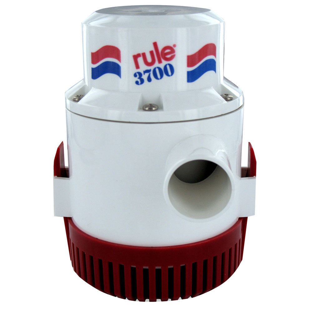 Rule 3700 Non-Automatic 24V Bilge Pump showing compact design and inlet/outlet ports for marine bilge water removal.