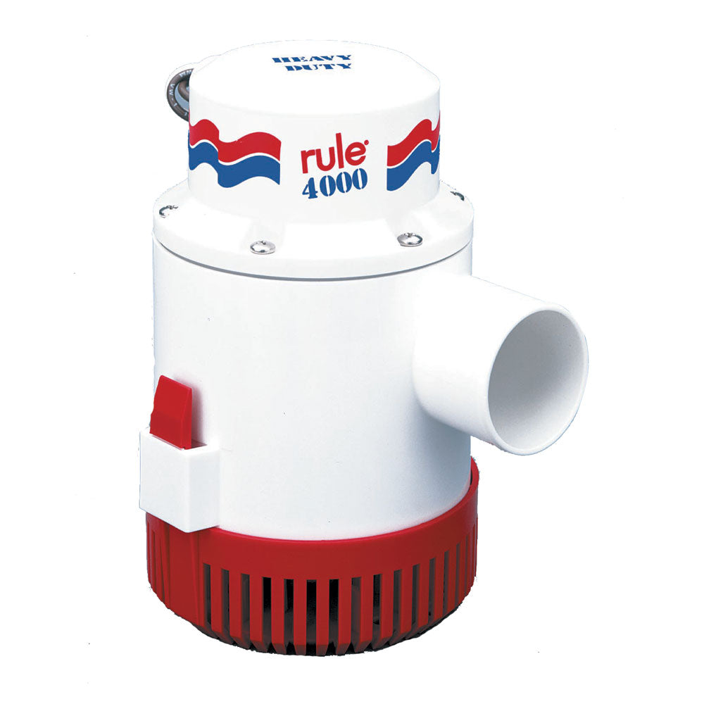 Rule 4000 Non-Automatic 12V Bilge Pump with durable black casing and inlet/outlet ports for boat bilge drainage.