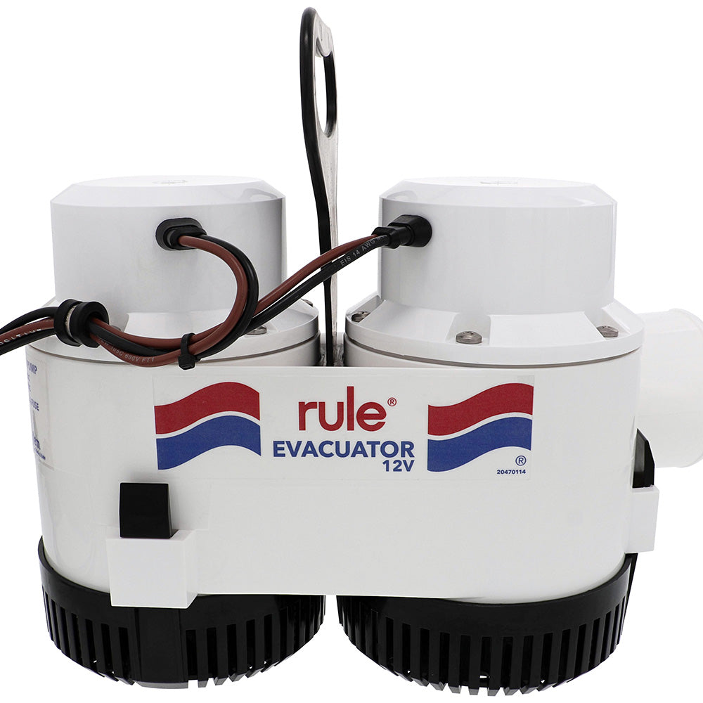 Rule 7700D GPH high-volume utility bilge pump in black with 12V motor, compact design for water evacuation in boats and industrial use.