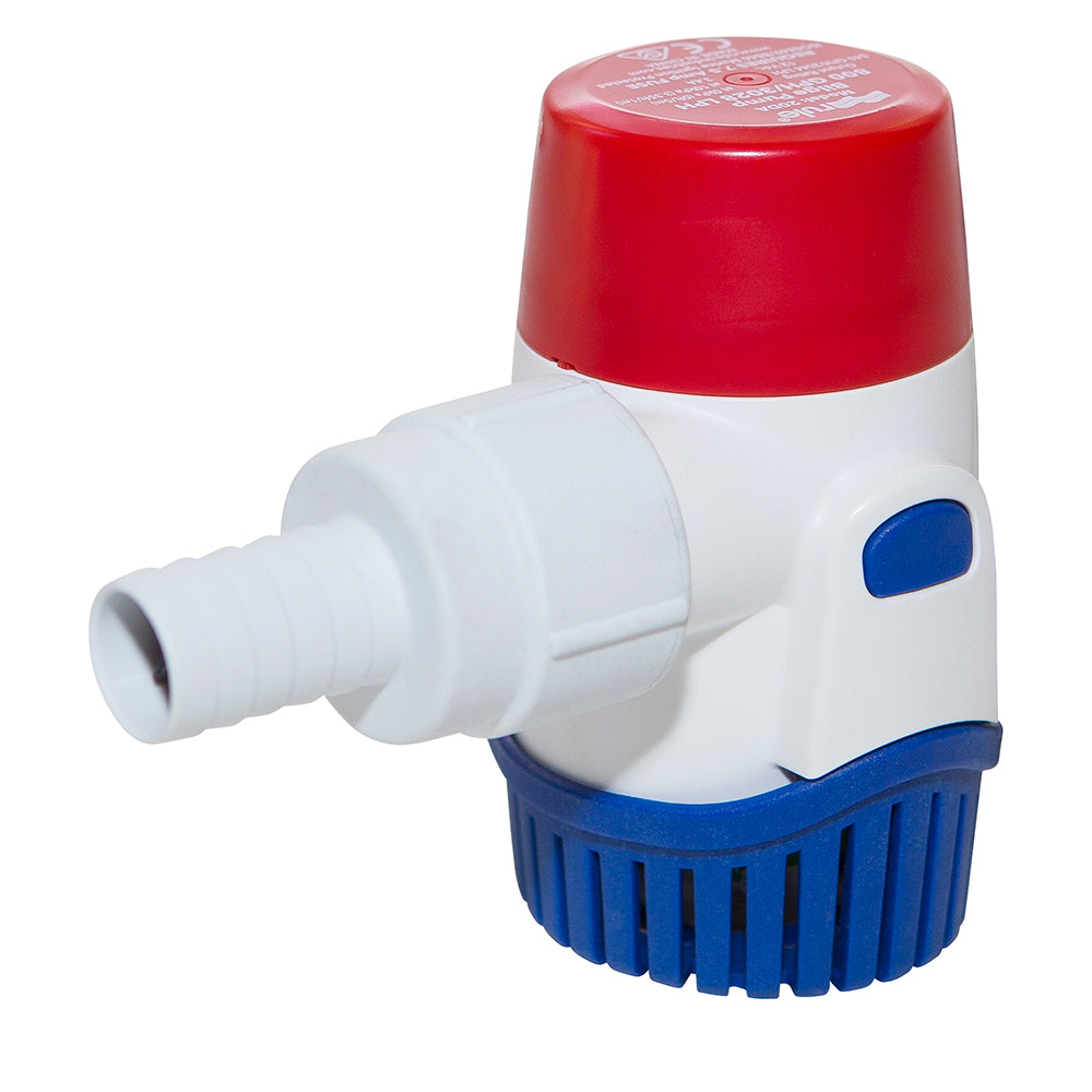 Rule 800GPH 12V bilge pump showing compact design and inlet/outlet ports for marine bilge pumping applications.
