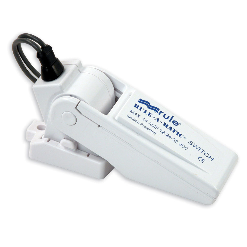 Rule A-Matic Float Switch for bilge pumps, showing the compact device with wiring and float mechanism for automatic water control.