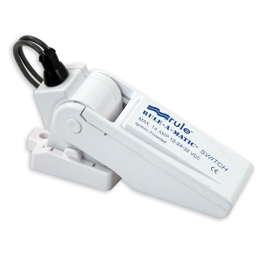 Rule-A-Matic float switch with fuse holder for bilge pumps, showing the switch and fuse holder assembly on a boat bilge pump system.