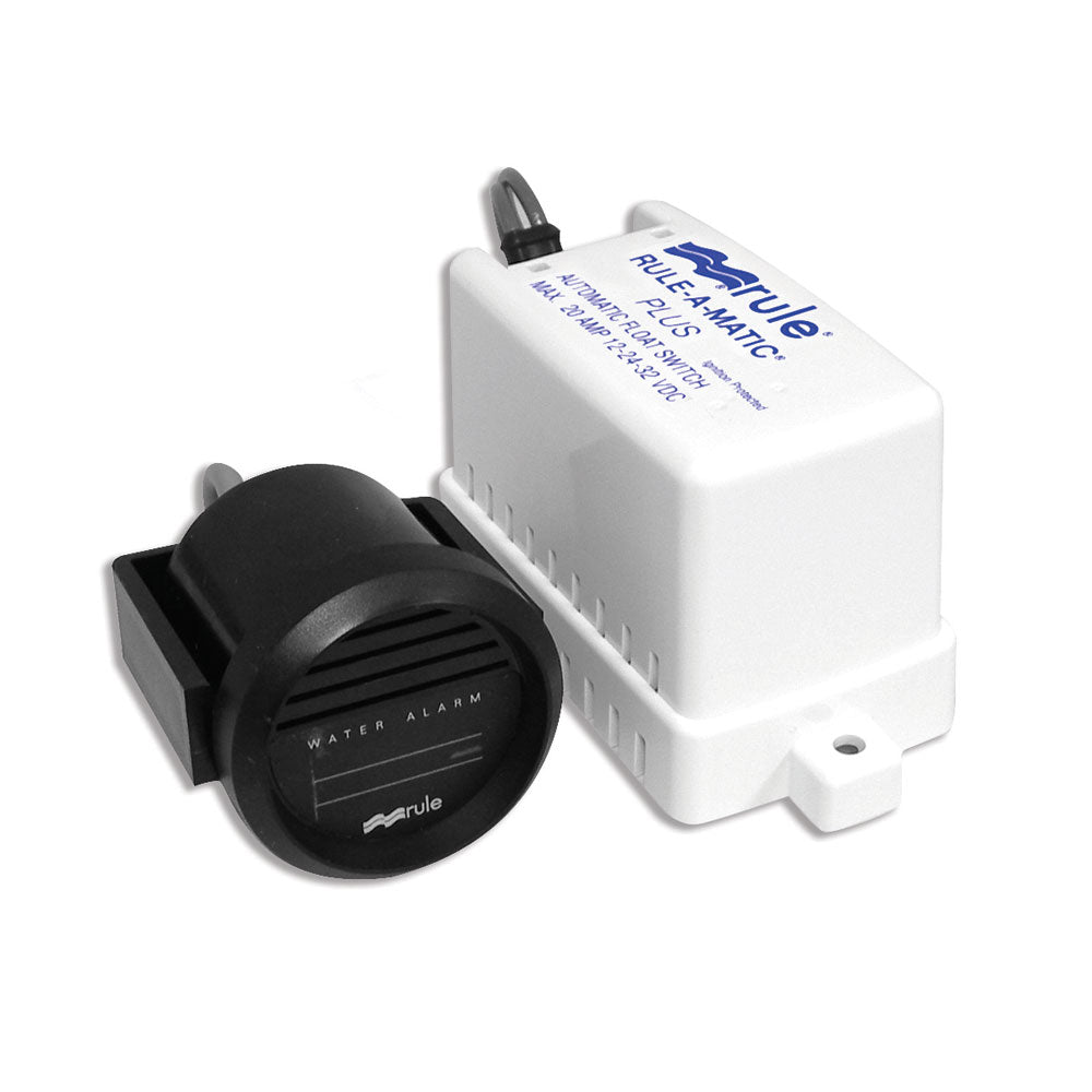 Rule Hi-Water Bilge Alarm for bilge pumps, showing the device mounted in a boat bilge area with wiring connections.