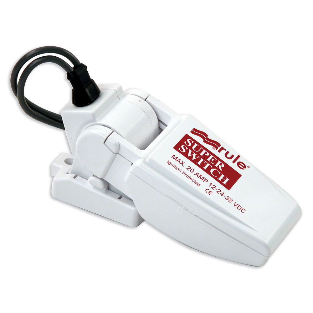 Rule SuperSwitch float switch for bilge pumps, featuring a compact design and durable construction for reliable water level control.