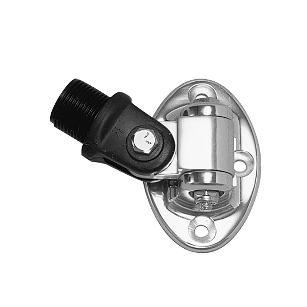 Rupp Marine four-way oval antenna base assembly for marine antenna mounting, shown on a boat. Durable antenna mount accessory.
