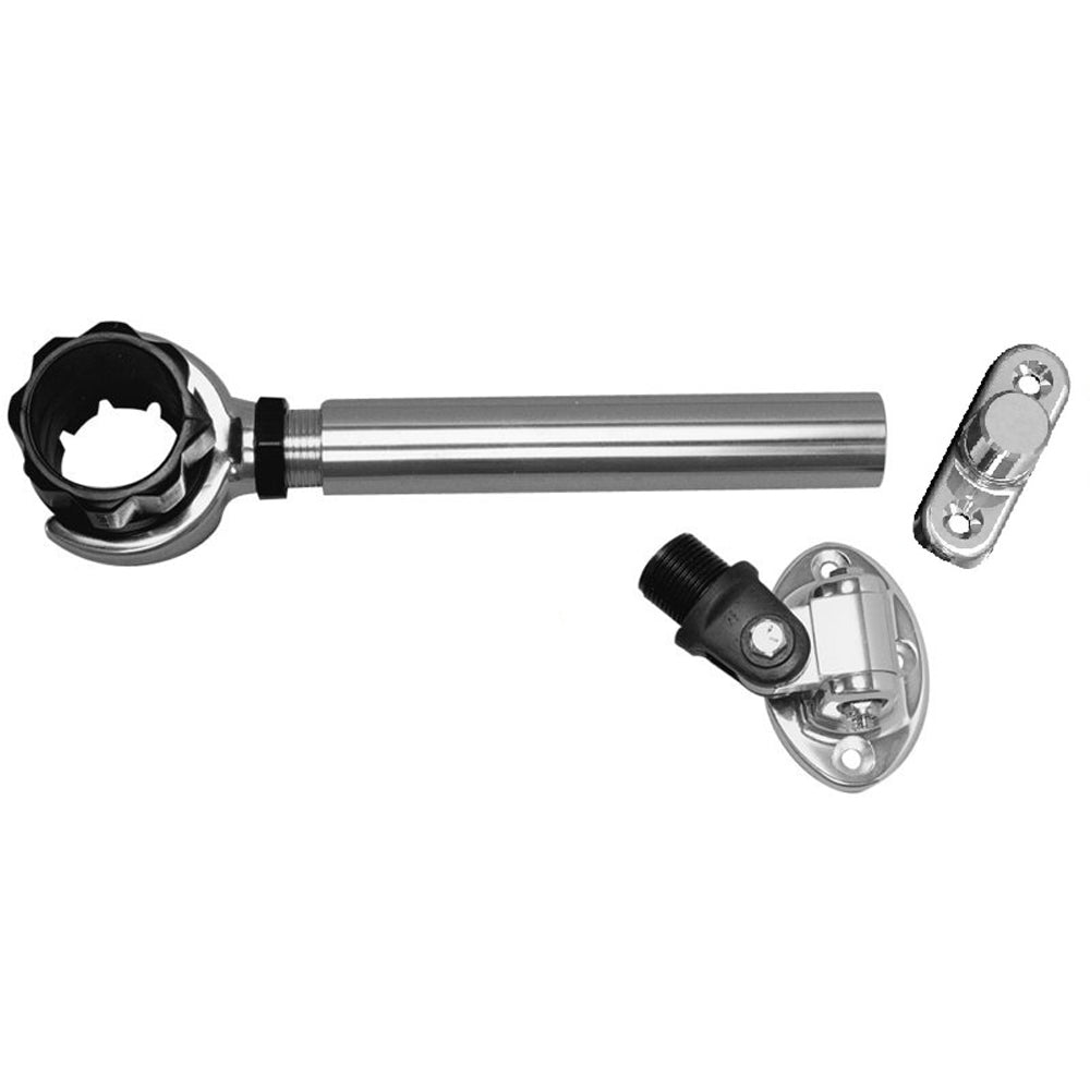 Rupp Marine threaded antenna support with 6-inch pipe mount, oval 4-way base, and 1.5-inch collar for marine antenna installation