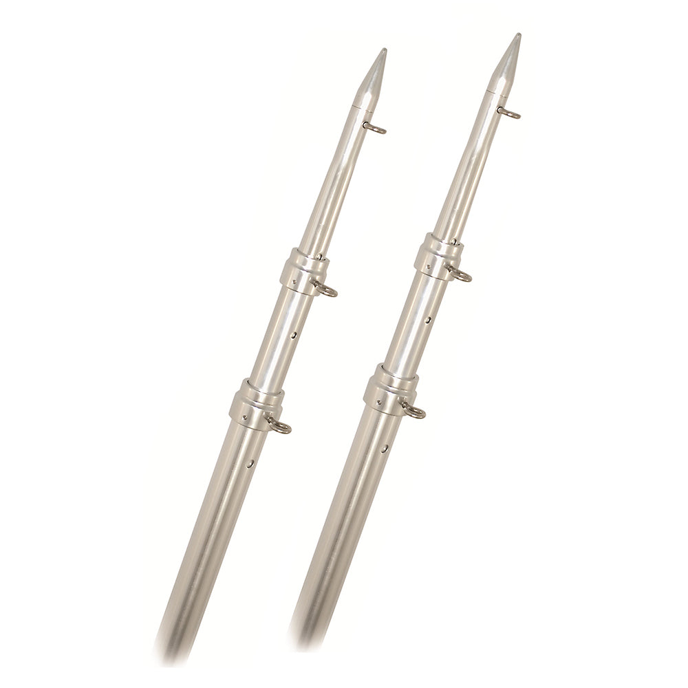 Rupp Marine Top Gun telescoping outrigger poles in silver aluminum, 15-foot length, for fishing and boating applications.