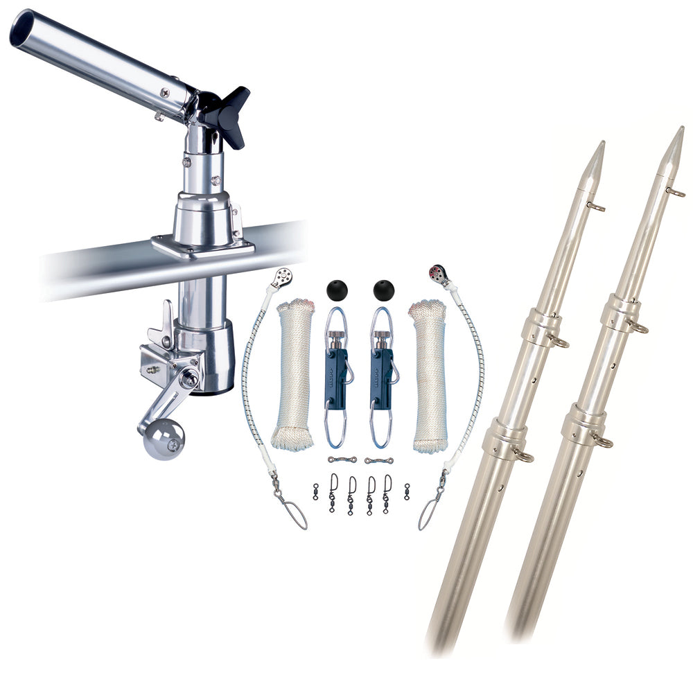 Rupp Marine Top Gun Outrigger Kit with 15-foot telescoping poles and single line rigging with Klickers release clips for boat fishing.