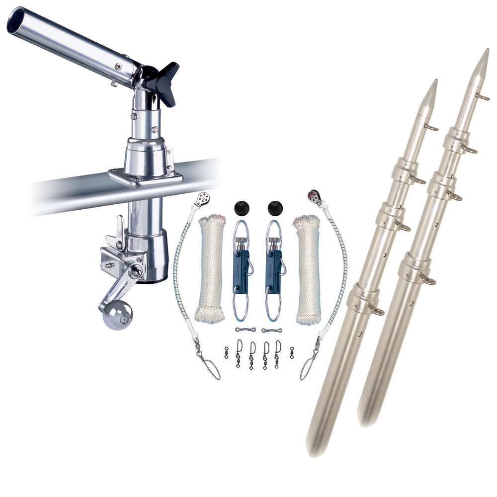 Rupp Marine Z-30 Top Gun Outrigger Kit with 18-foot poles and single line rigging with Klickers release clips on a boat.