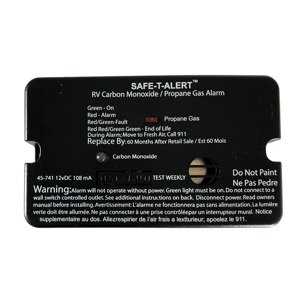 Safe-T-Alert 45-Series Combo Carbon Monoxide and Propane Alarm surface mount in black, fume detector with digital display and sensor.