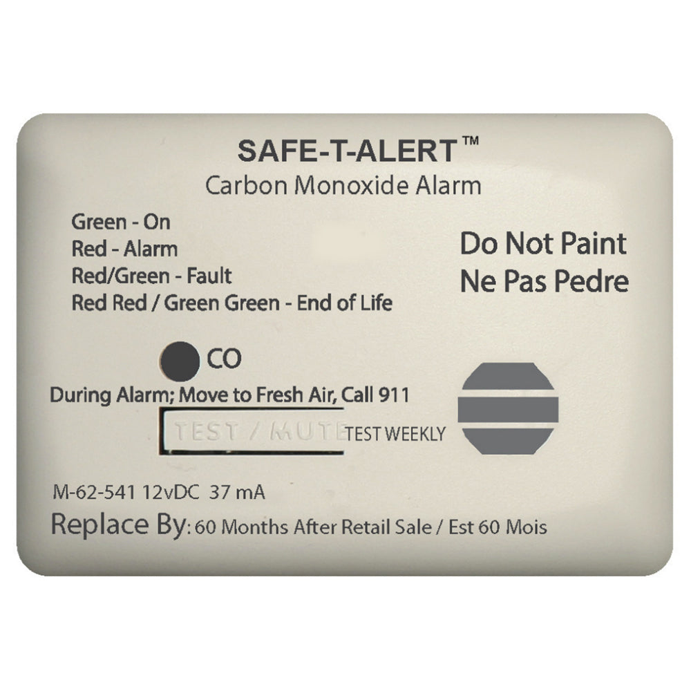 Safe-T-Alert 62 Series Carbon Monoxide Alarm, 12V marine surface mount, white, fume detector for safety in enclosed spaces.