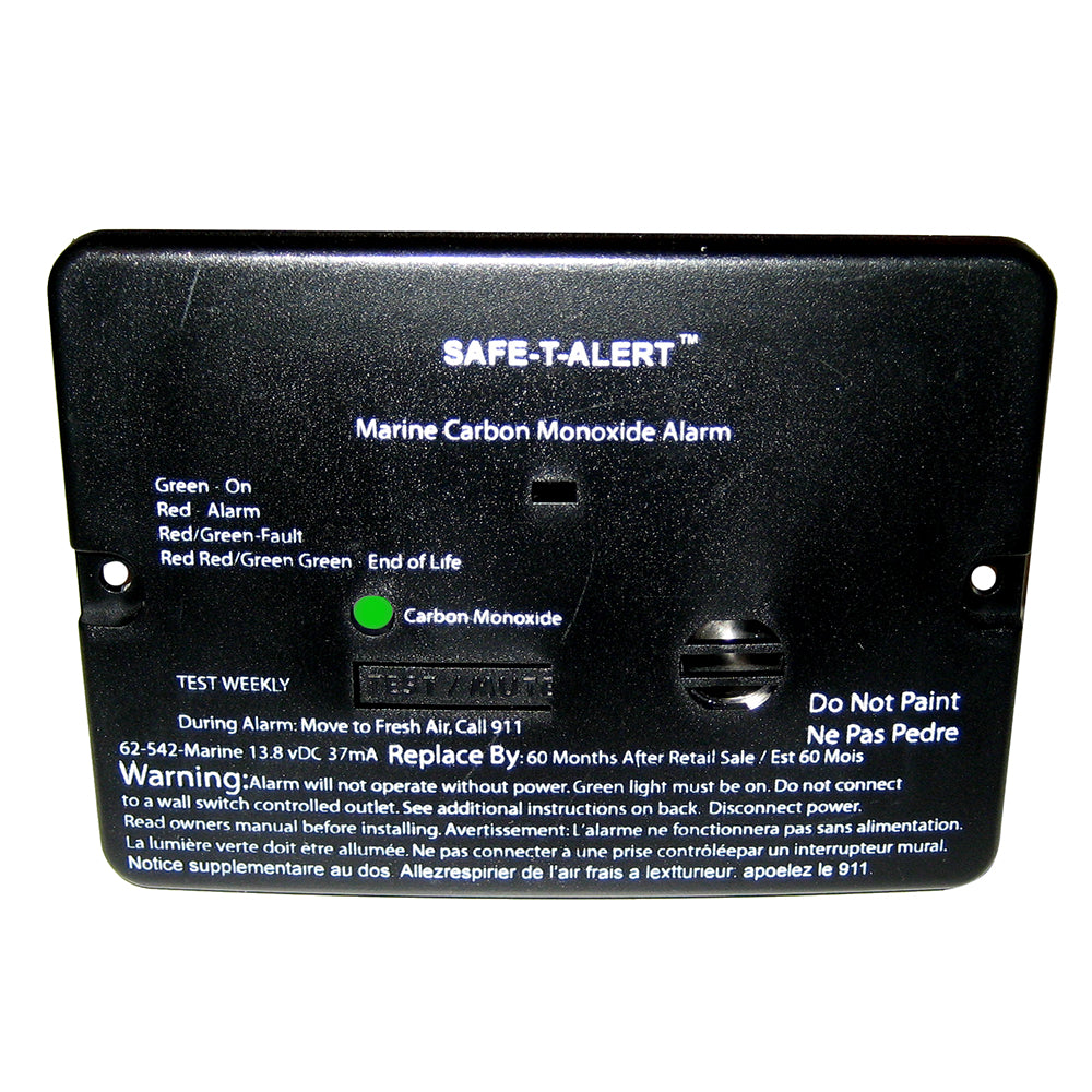 Safe-T-Alert 62 Series Carbon Monoxide Alarm in black, 12V flush mount fume detector for marine environments.
