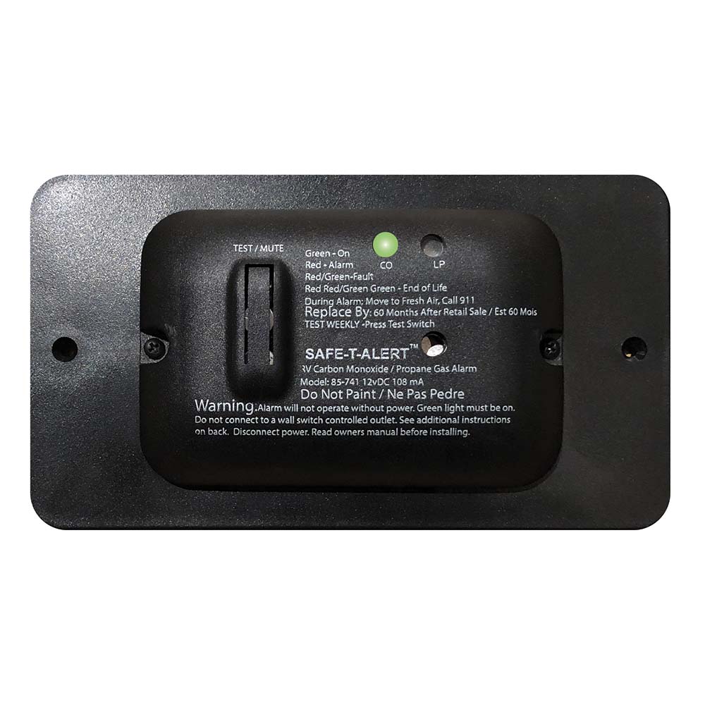 Safe-T-Alert 85 Series carbon monoxide and propane gas alarm in black, 12V fume detector with digital display.