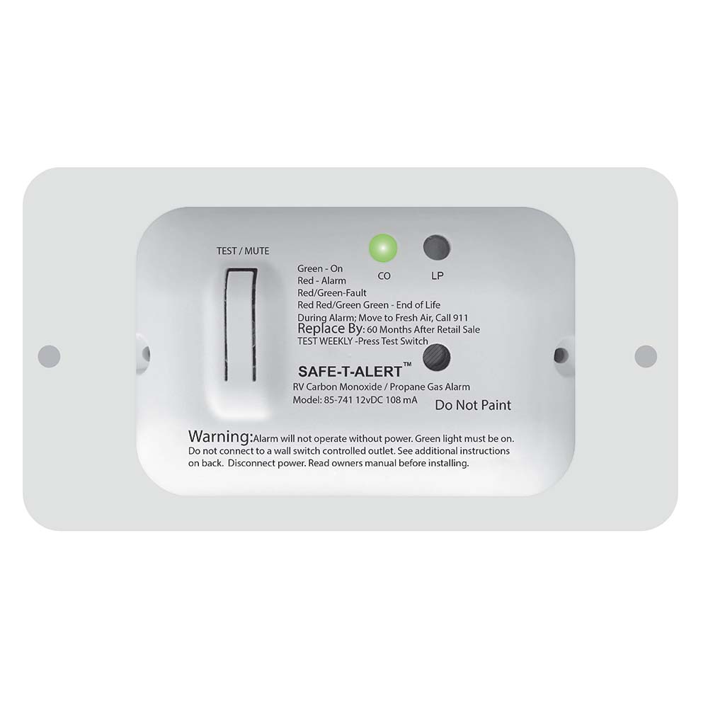 Safe-T-Alert 85 Series carbon monoxide and propane gas alarm in white, 12V fume detector with digital display.
