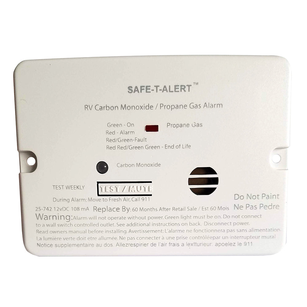 Safe-T-Alert Combo Carbon Monoxide and Propane Alarm, mini white flush mount fume detector, safety device for home use.
