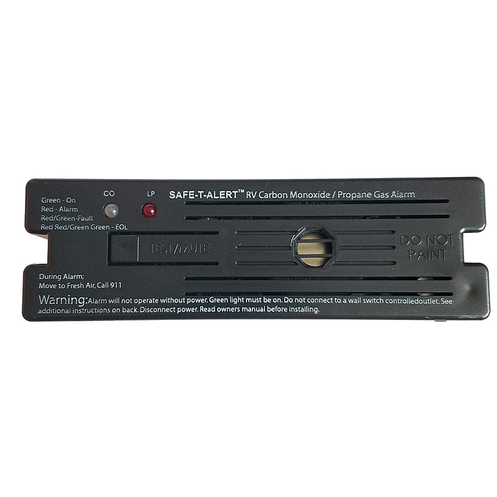 Black Safe-T-Alert Combo Carbon Monoxide and Propane Alarm, surface mount fume detector with digital display and test button.