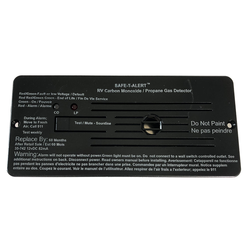 Black Safe-T-Alert Combo Carbon Monoxide and Propane Alarm flush mount, fume detector with safety sensors.
