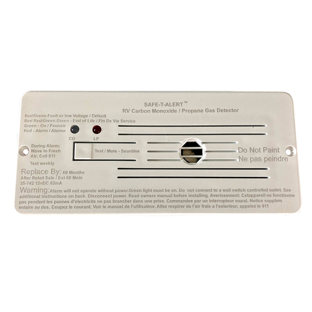 Safe-T-Alert combo carbon monoxide and propane alarm, flush mount white fume detector for home safety.