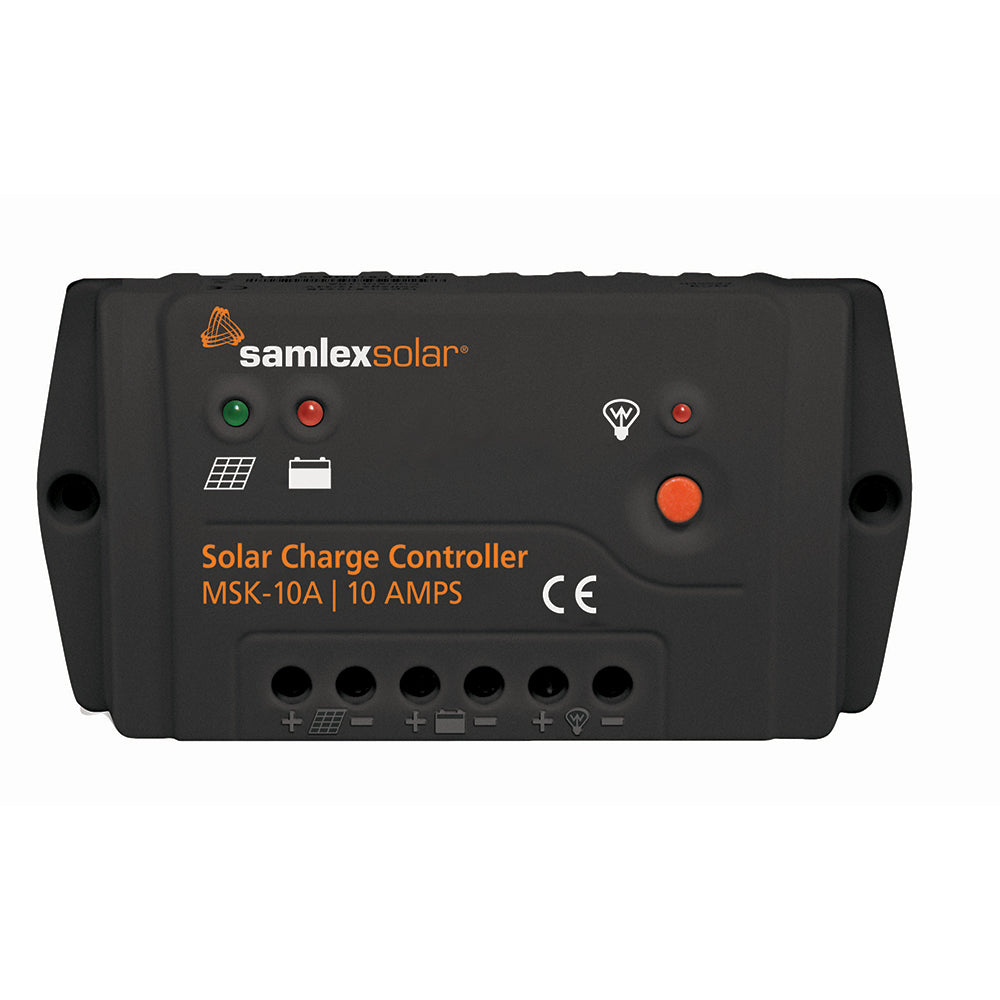 Samlex 10A solar charge controller for 12V and 24V systems, installed in an electrical setup, by Samlex America.