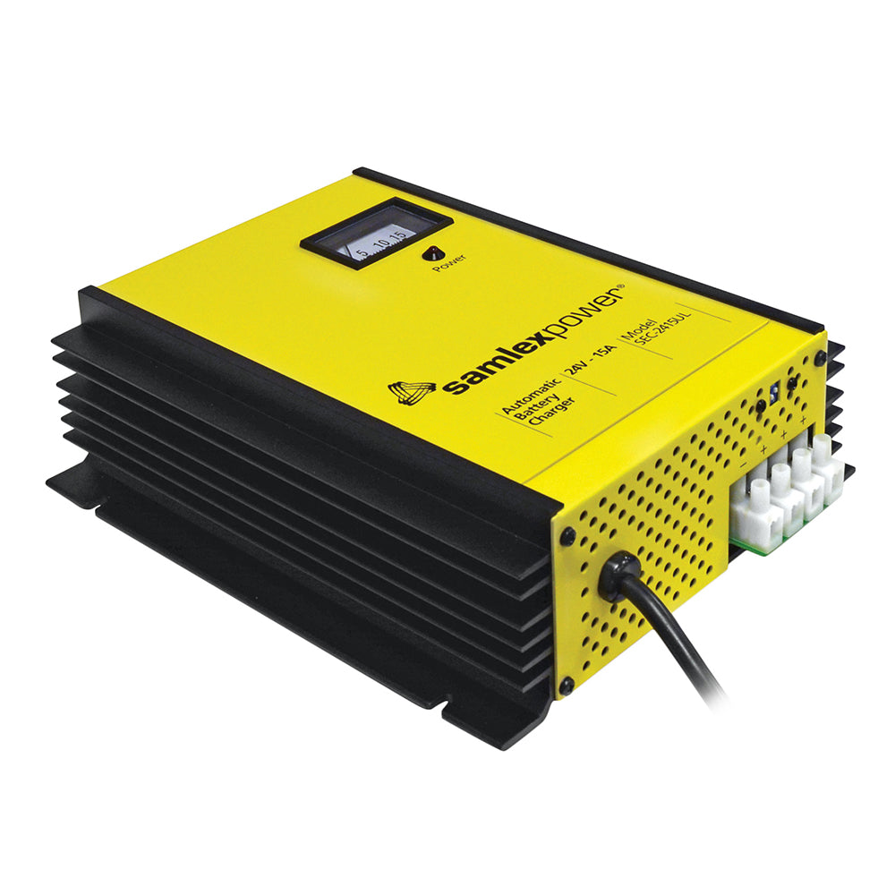 Samlex 15A 24V 3-bank battery charger with 3-stage charging and dip switch, featuring lug connections for efficient power management.