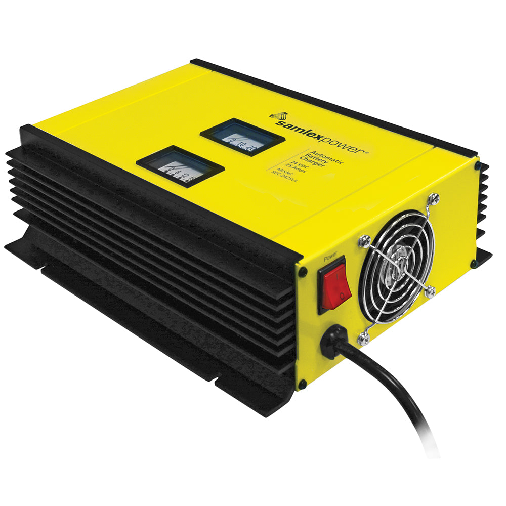 Samlex 25A 24V battery charger with 2-bank, 3-stage charging, dip switch, lugs, and included temperature sensor, for deep-cycle batteries.