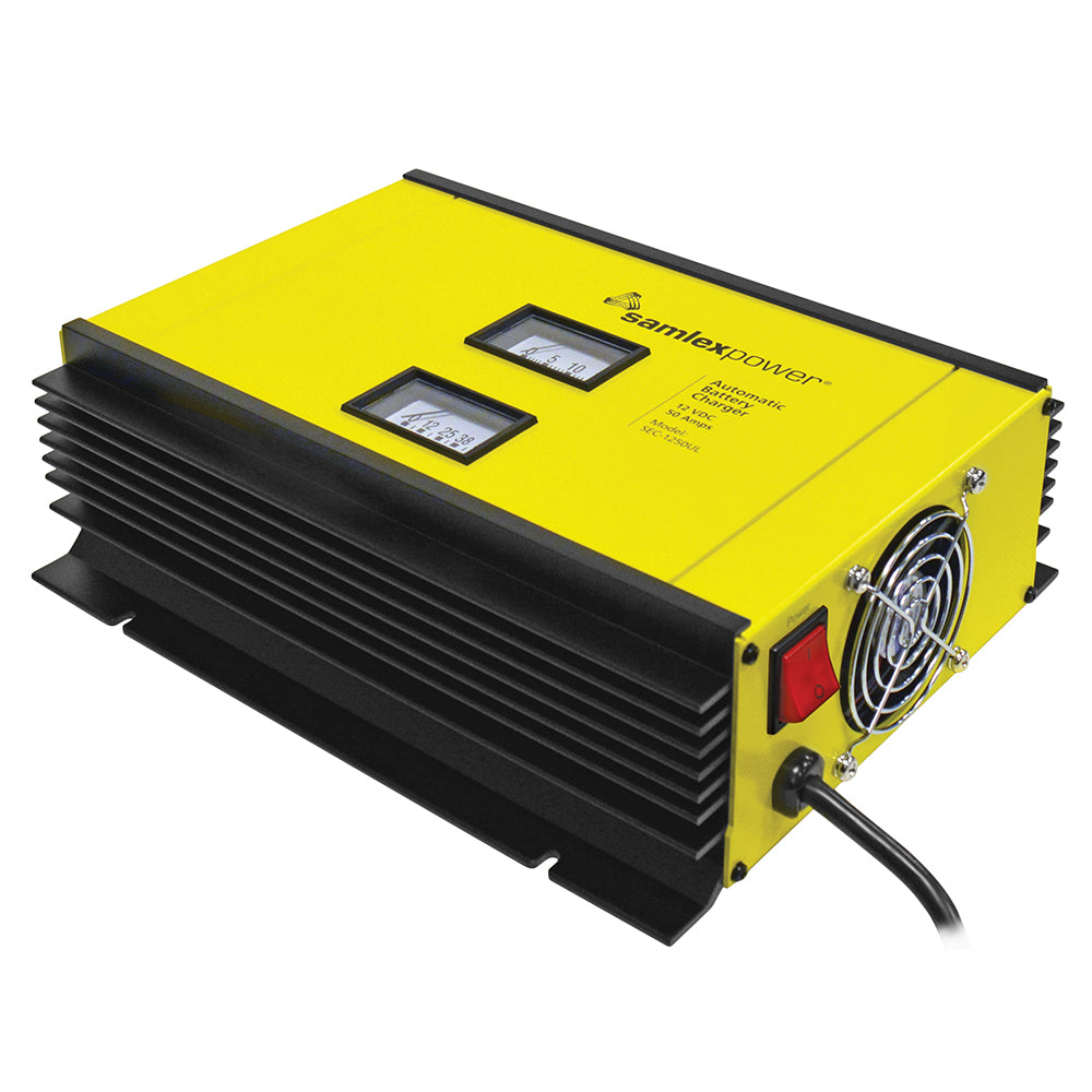 Samlex 50A 12V battery charger with 2-bank, 3-stage charging, dip switch, lugs, and included temp sensor for vehicle or marine use.