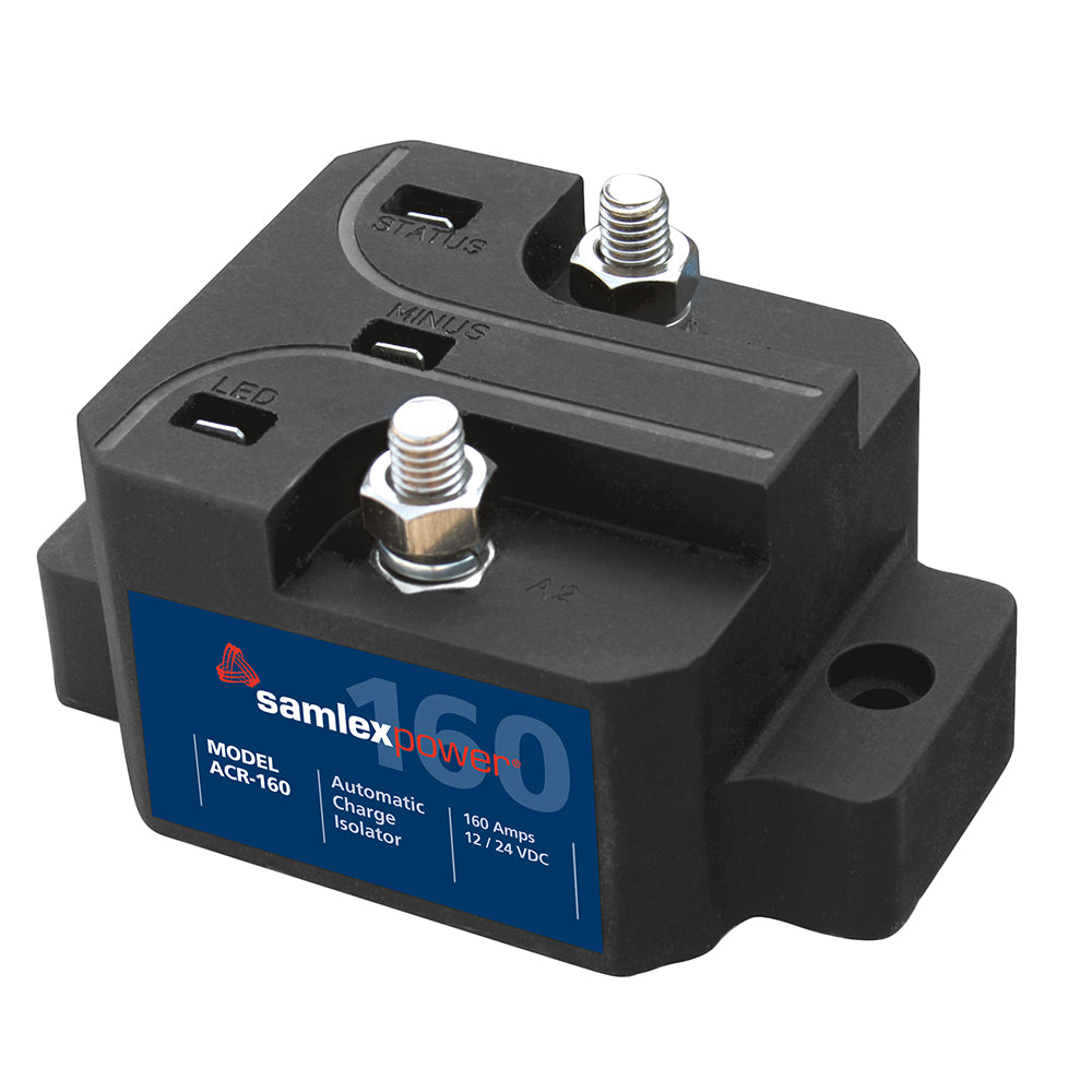 Samlex America 160A automatic battery charge isolator for 12V or 24V systems, showing the compact device with connection terminals.