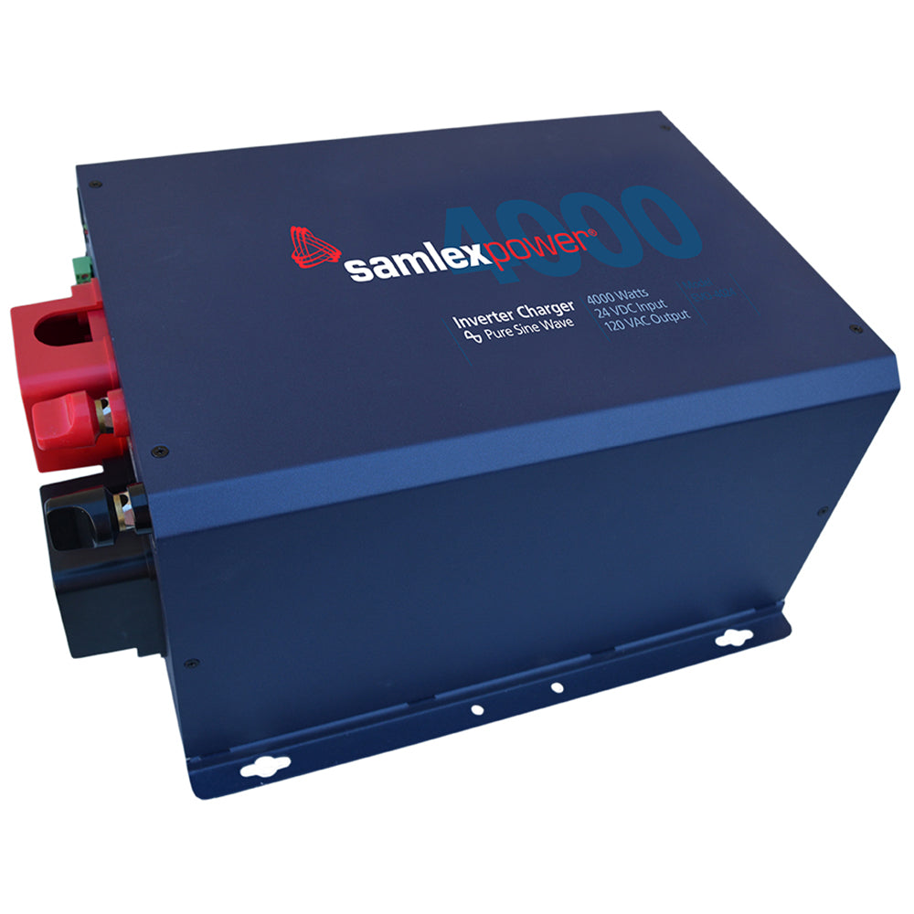 Samlex America 4000W pure sine inverter and charger combo for 24V systems, with digital display and sturdy metal casing.