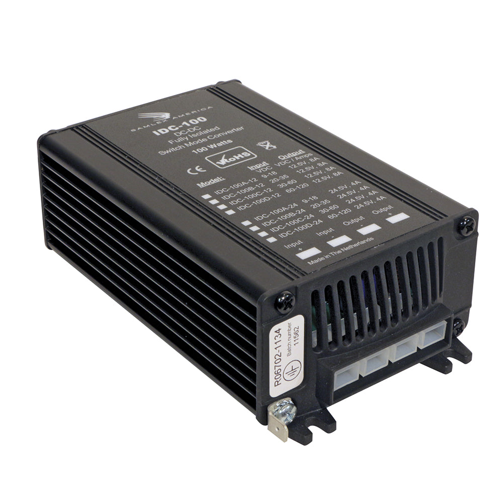 Samlex 100W fully isolated DC-DC converter showing input and output voltage connections and branding details.