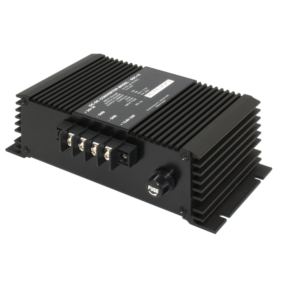 Samlex America 12A non-isolated 24VDC to 12VDC DC to DC converter for heavy-duty applications, showing device with input and output terminals.