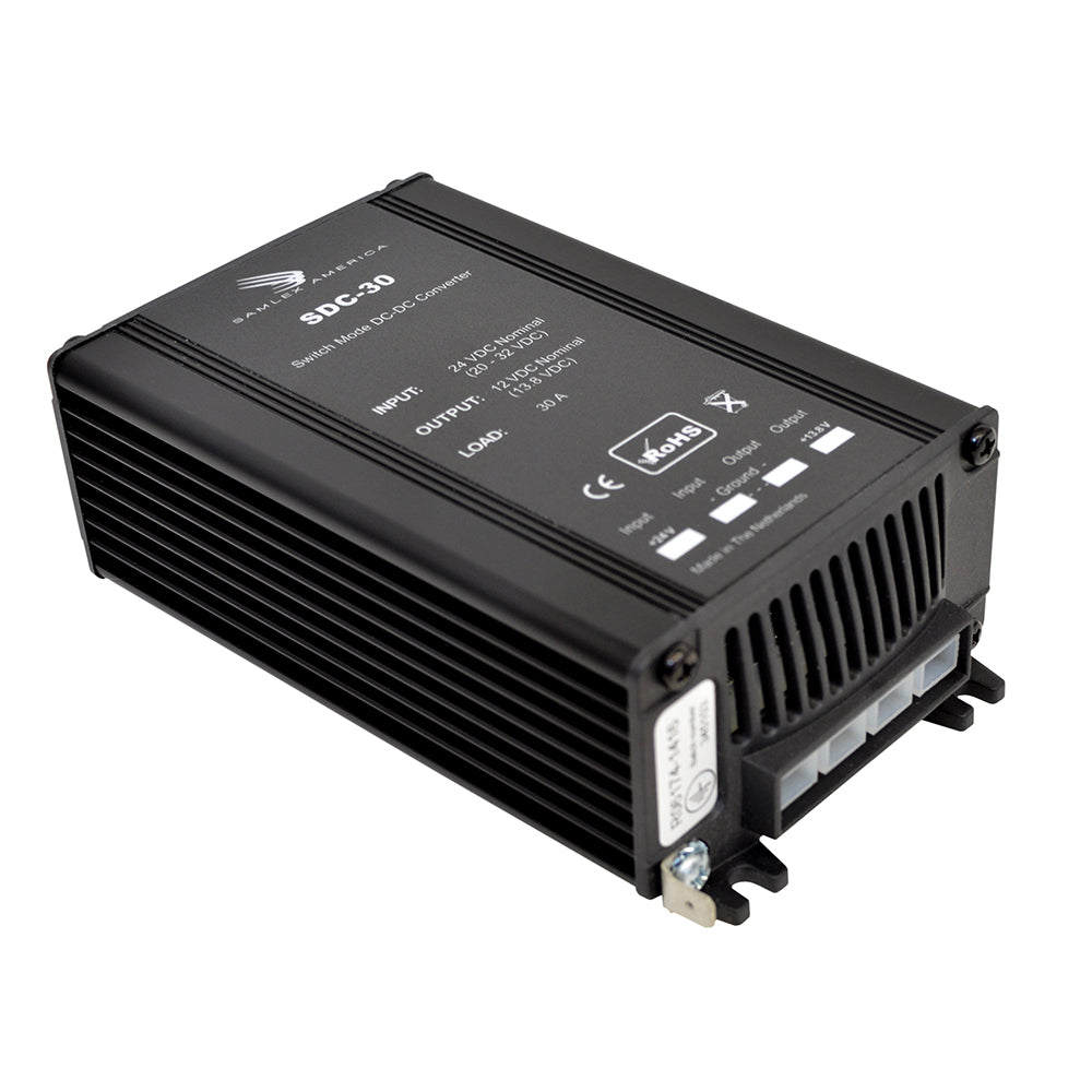 Samlex America 30A non-isolated DC to DC converter converts 24VDC to 12VDC for electronic applications.