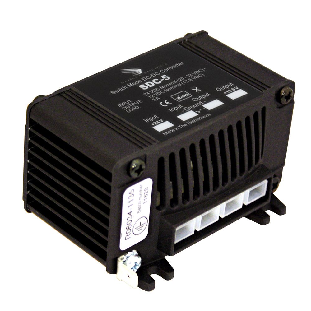 Samlex America 5A non-isolated DC to DC converter, step-down from 24VDC to 12VDC, shown with compact design and input/output terminals.