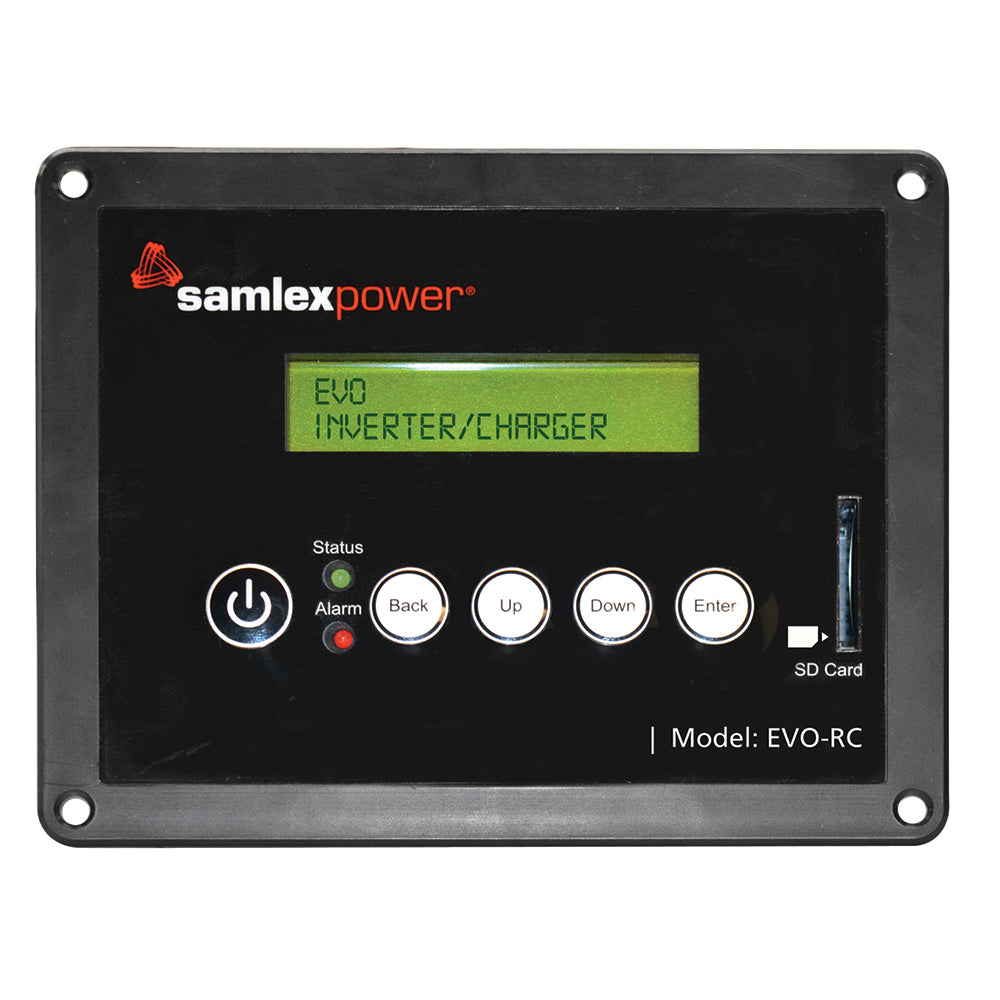 Samlex America remote control for EVO Series inverter/charger electrical panels, black device with buttons and display screen.