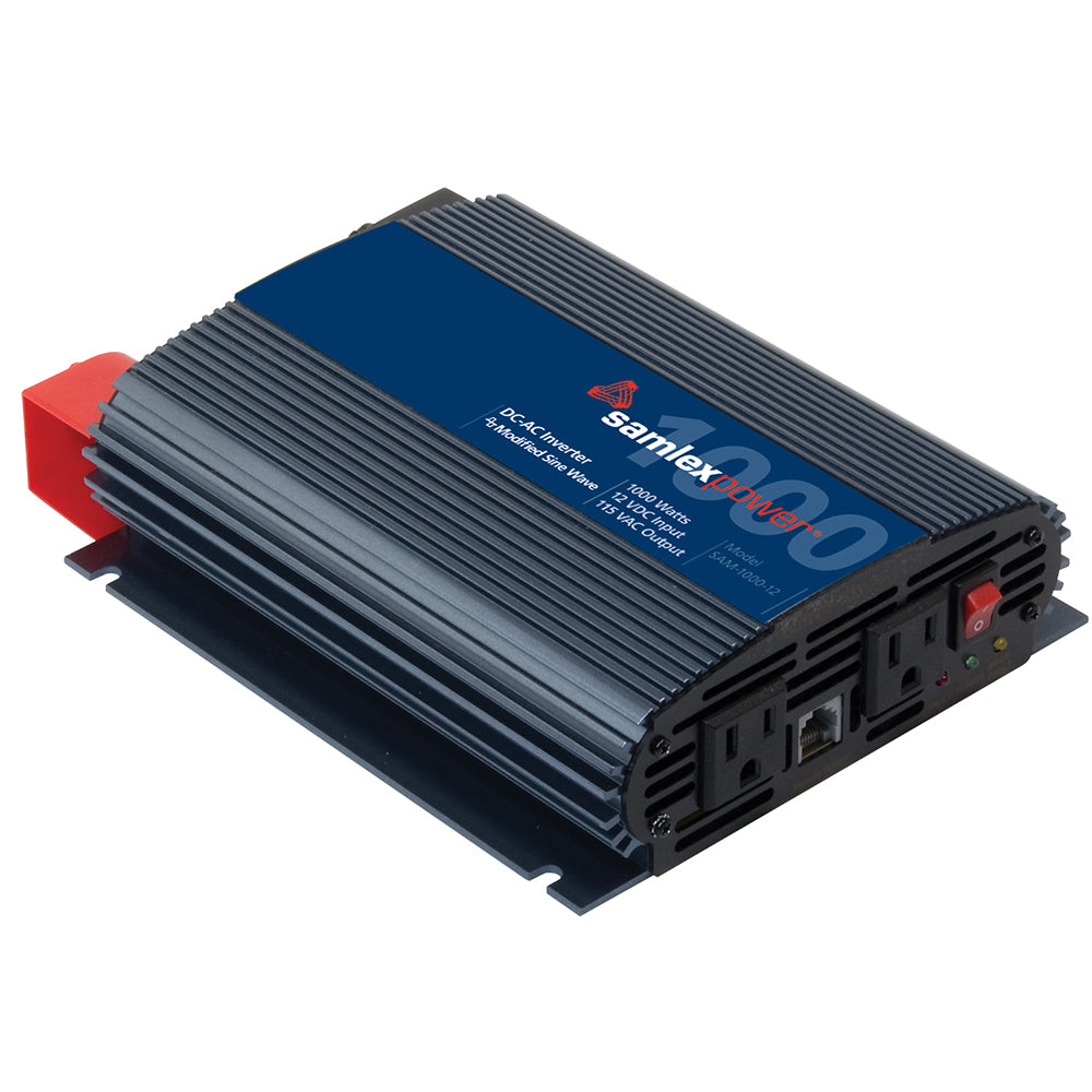 Samlex America 1000W modified sine wave inverter for 12V DC, displayed with control panel and power connections.
