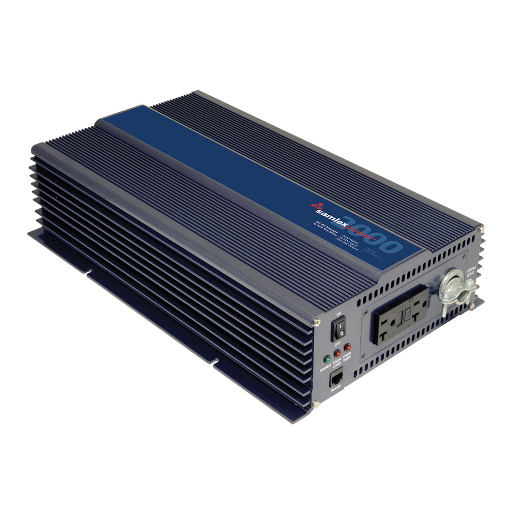 Samlex America 2000W pure sine wave inverter connected to a 12V power source, showing digital display and control buttons.