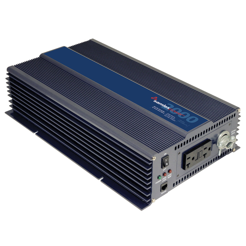 Samlex America 2000W pure sine wave inverter showing the front panel with power switches and connection ports.