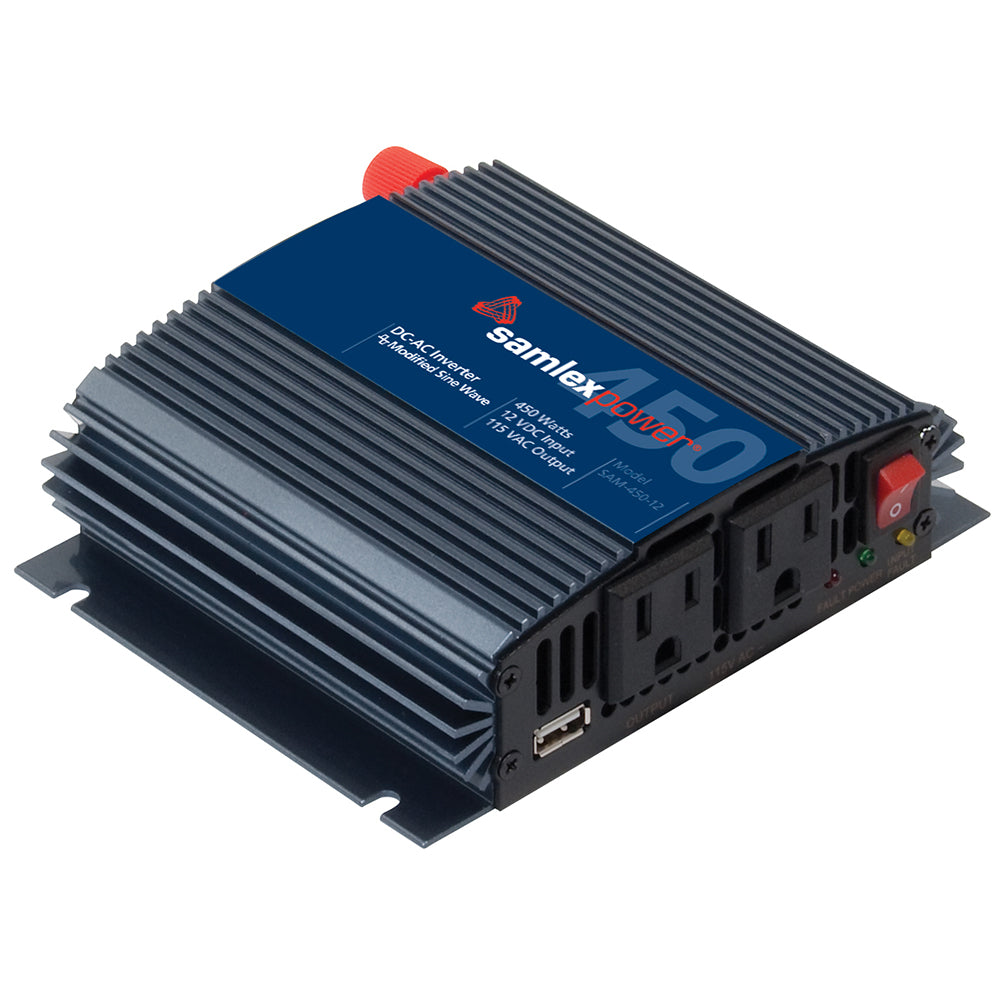 Samlex America 450W modified sine wave inverter displaying control panel and power connections for 12V DC to AC power conversion.