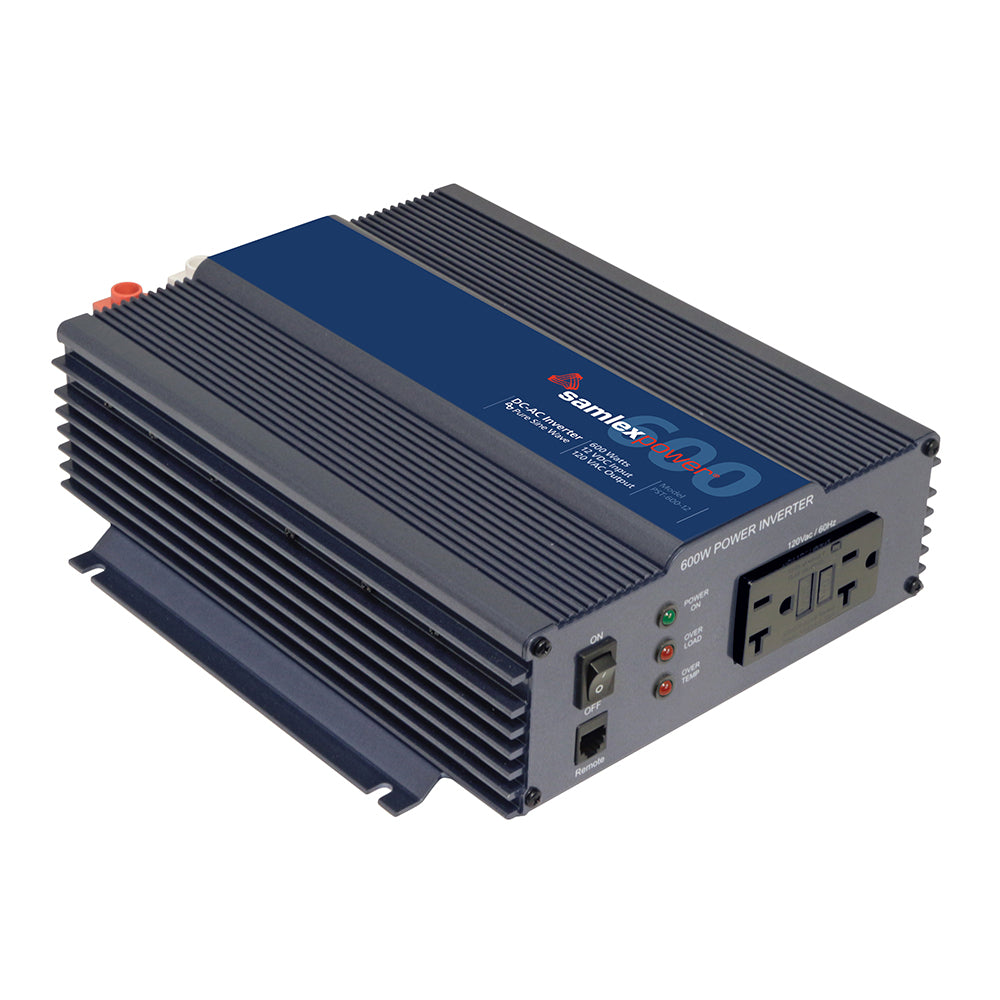 Samlex 600W pure sine wave inverter showing front view with digital display and power connections, 12V DC input for reliable power conversion.