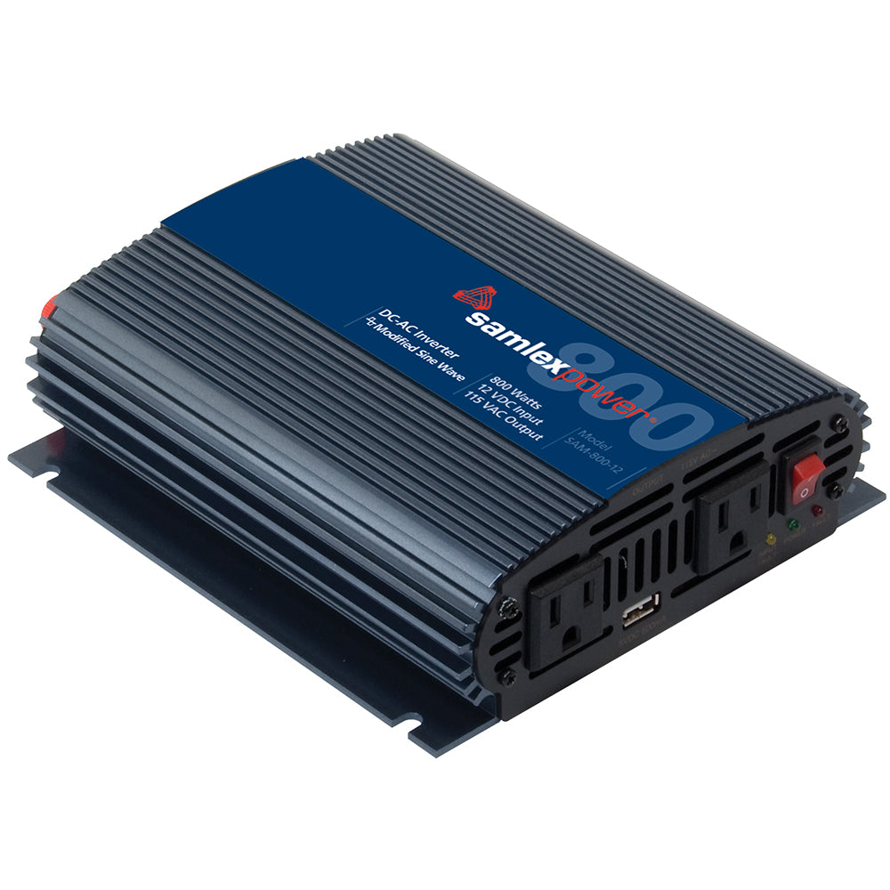 Samlex America 800W modified sine wave inverter connected to a 12V power source, showcasing its compact design and control panel.