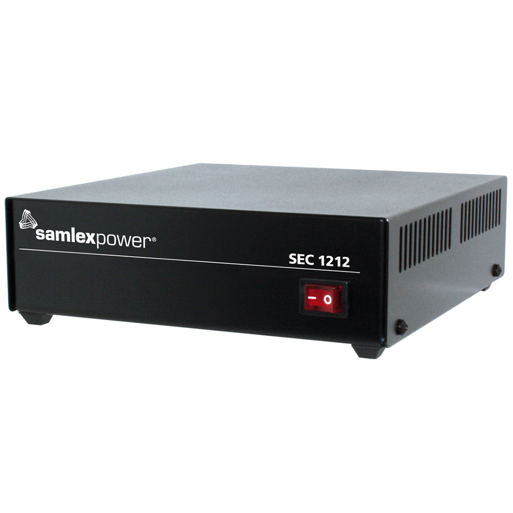 Samlex America desktop switching power supply with 120VAC input, 12V output, 10Amp for inverter systems.