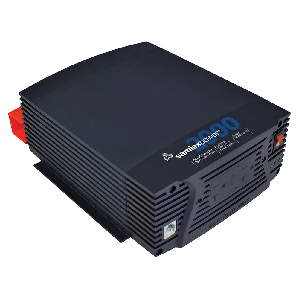 Samlex NTX-2000-12 pure sine wave inverter displaying digital control panel and power outlets, 2000W capacity for reliable power conversion.