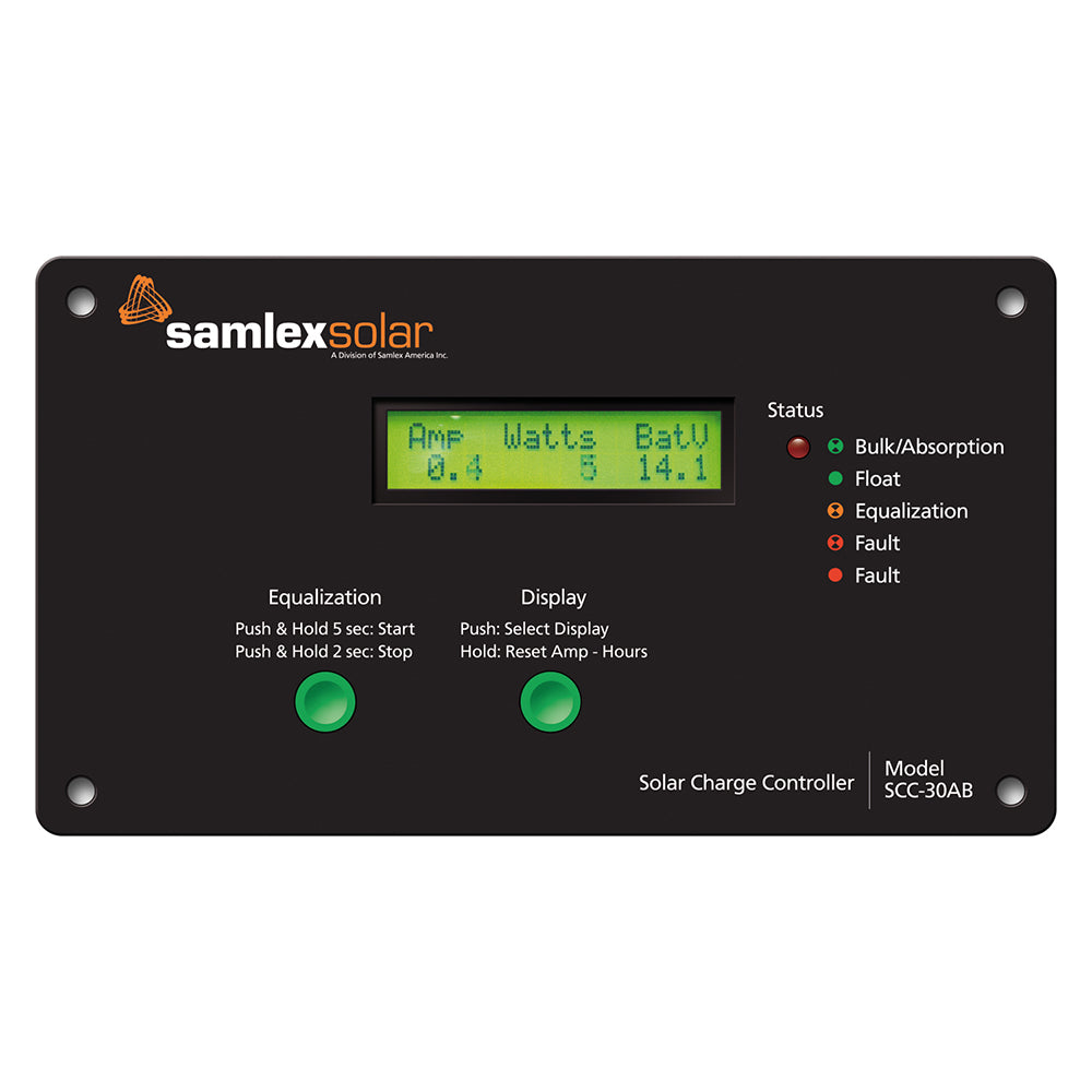 Samlex America flush mount 30A solar charge controller with LCD display for solar panel system monitoring.