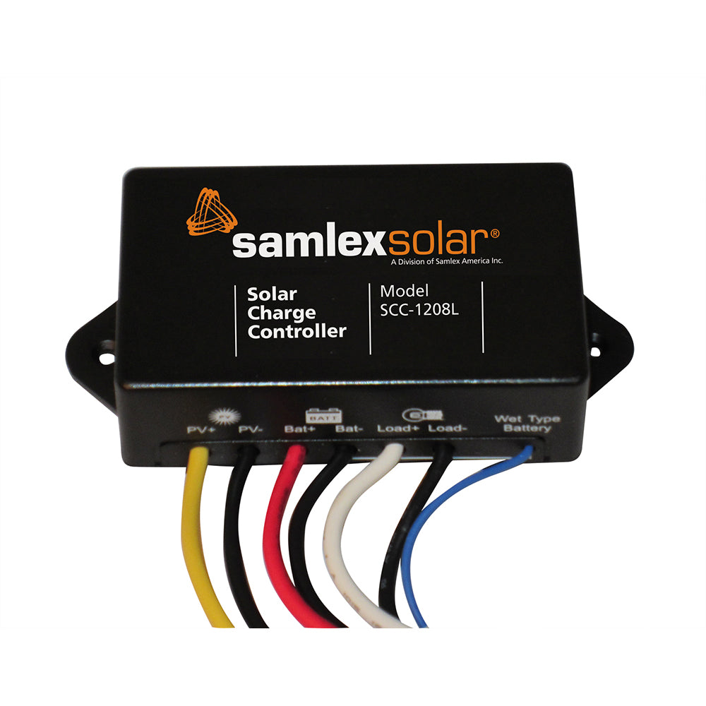 Samlex America 12V 8A solar charge controller for solar panels, showing device with digital display and connection ports.