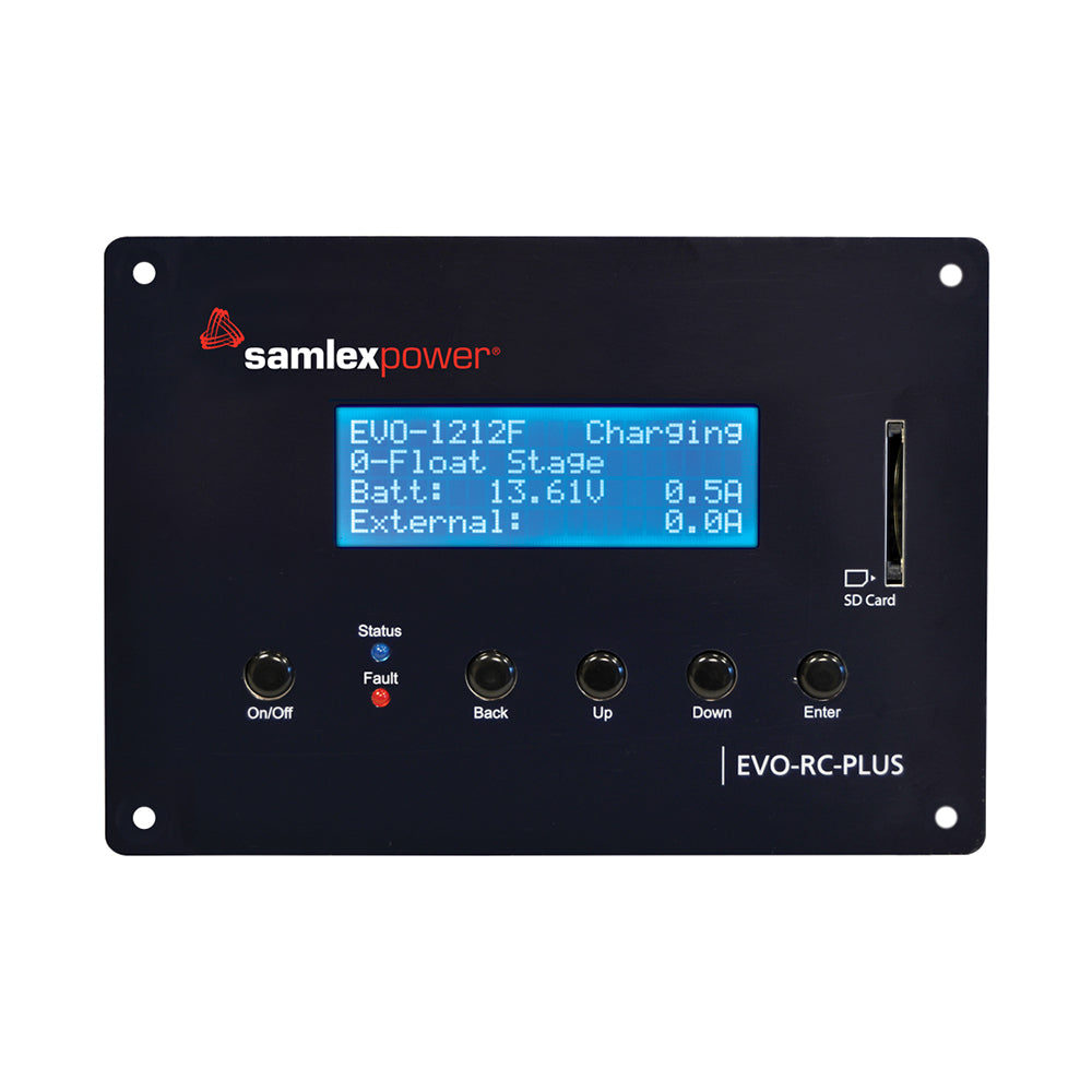 Samlex America programmable remote control for Evolution F Series inverter/charger, with switches and accessories, shown in the image.