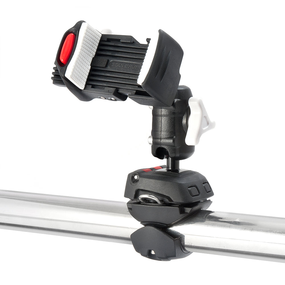 Scanstrut ROKK Mini Mount Kit rail mount with phone clamp, display mount for secure smartphone attachment on boats or vehicles.