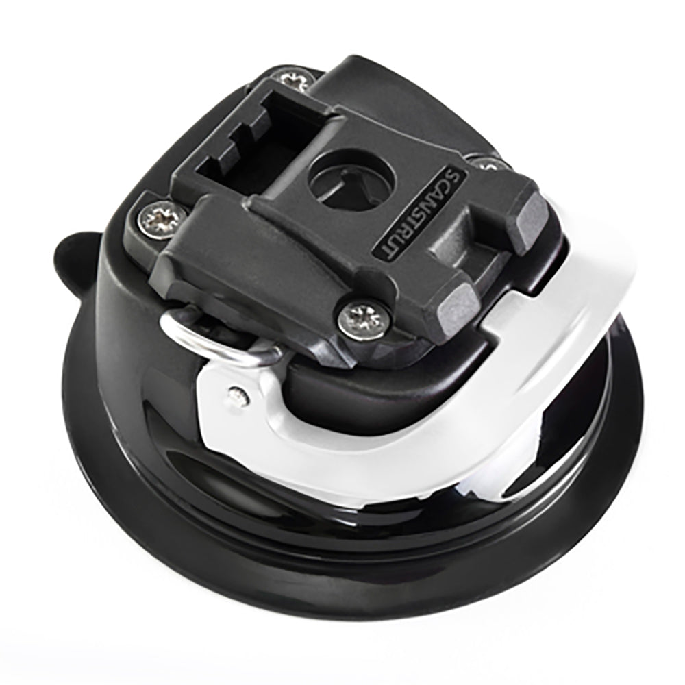 Scanstrut ROKK Mini suction cup display mount attached to a surface, designed for secure holding of devices.