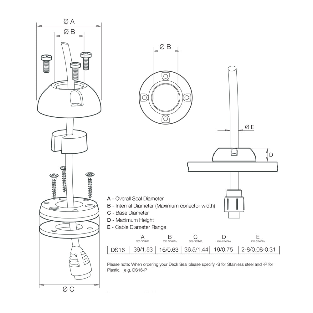 Scanstrut DS16-P vertical cable seal for wire management, showing the durable rubber seal and cable entry in a marine setup.