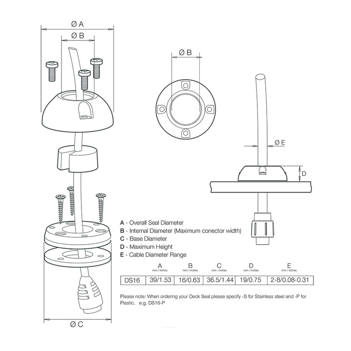 Scanstrut DS16-P vertical cable seal for wire management, showing the durable rubber seal and cable entry in a marine setup.