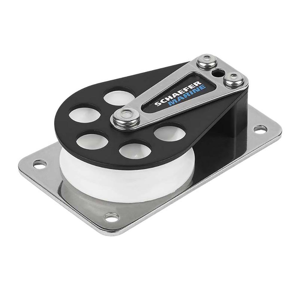 Schaefer Marine Series 5 flat base block with aluminum cheek and Delrin sheave for sailing and marine rigging applications.